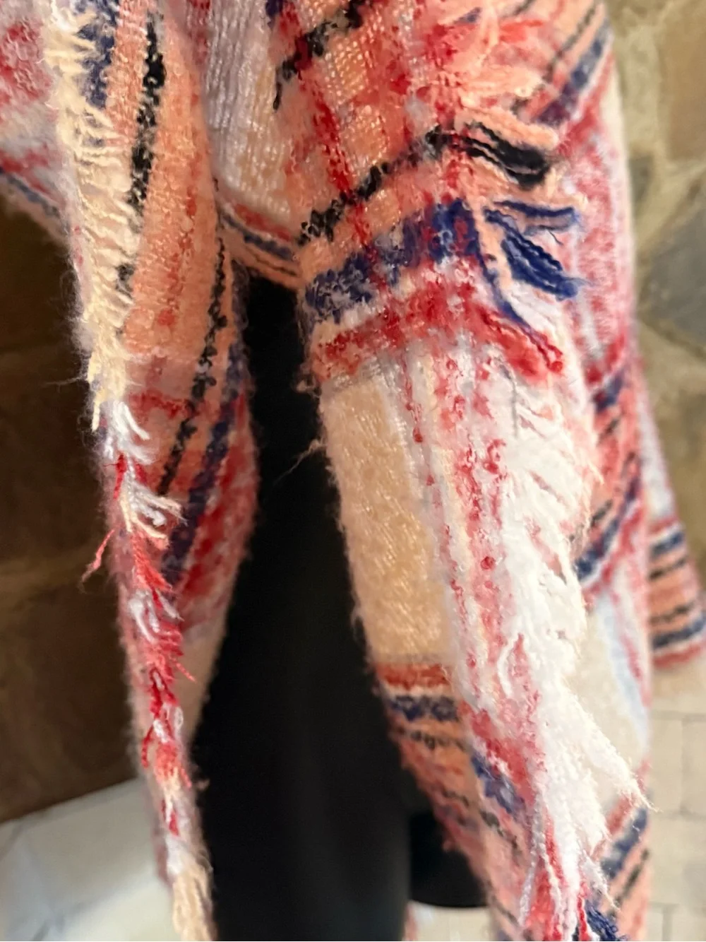 Cozy Plaid Fringe Throw Poncho - Cream and Red